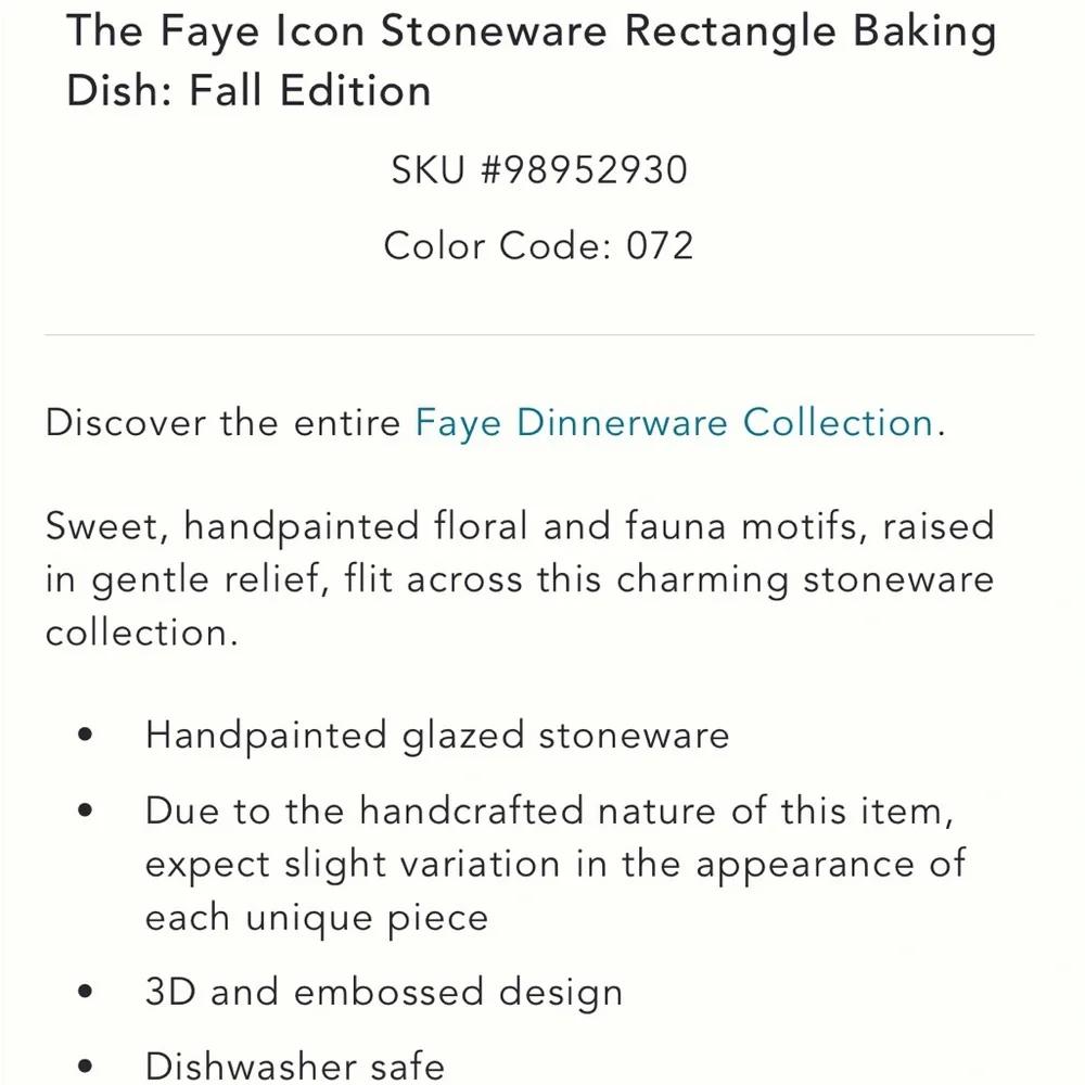 Faye x Anthropologie‎ stoneware rectangular baking dish